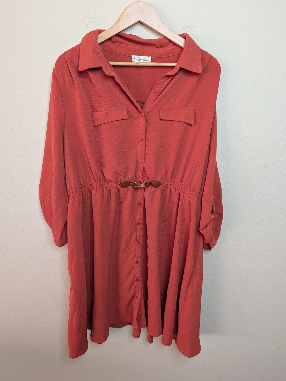 Indigo Rose Shirt Dress Rust Buckle Waist Roll Tab Sleeve Size 3X